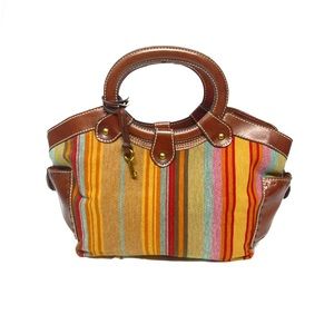 Fossil Multicolor Stripe Leather and Canvas Handbag